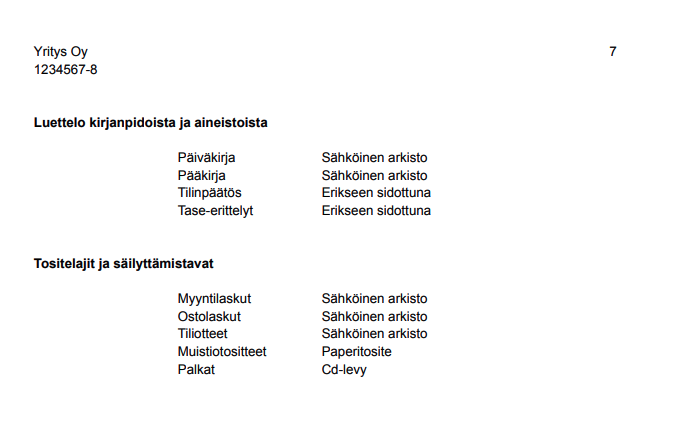 Luettelo kirjanpidoista ja aineistoista voisi esimerkiksi näyttää tältä.