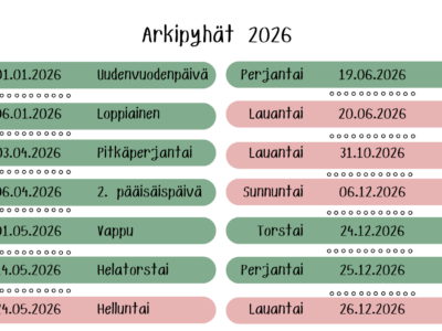 arkipyhät 2026