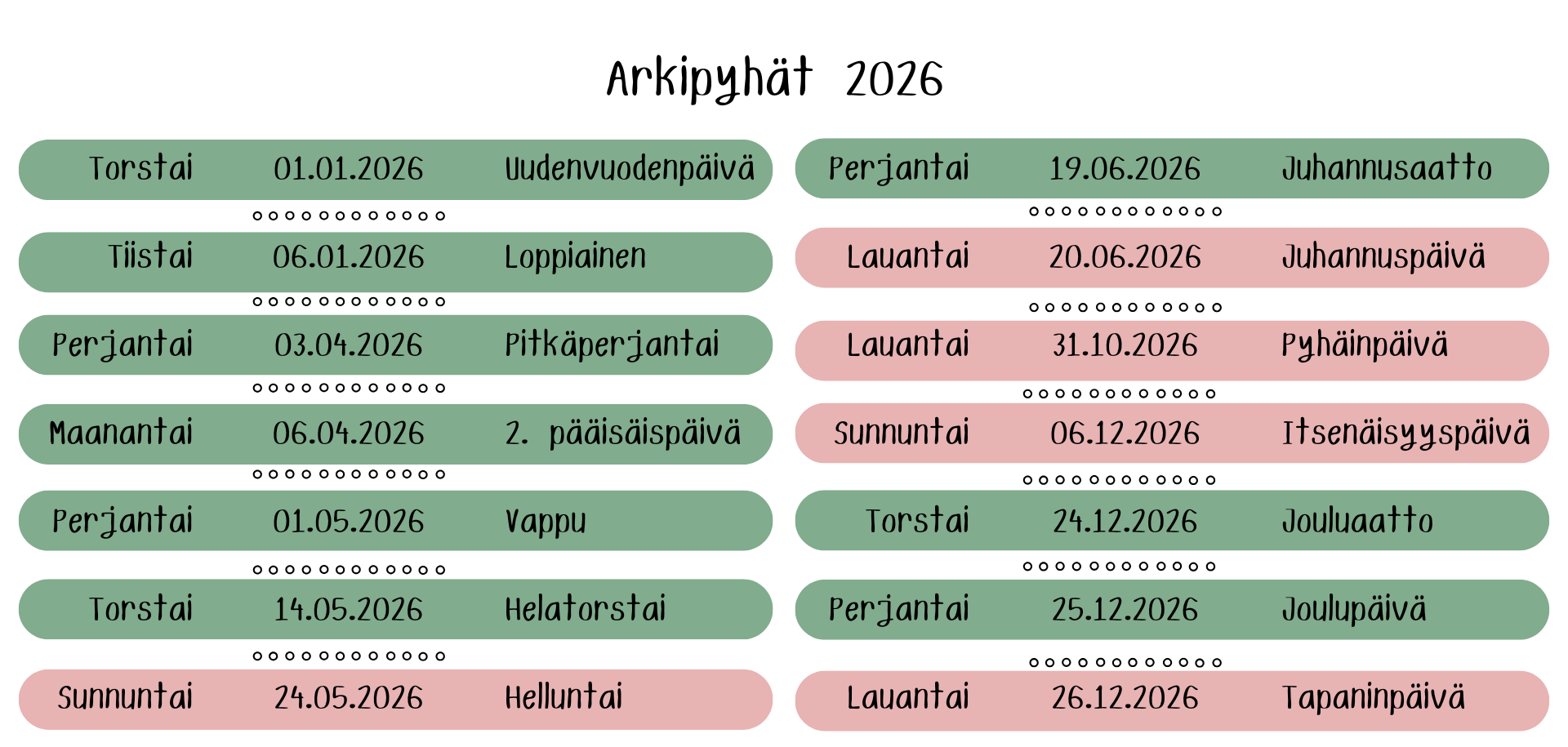 arkipyhät 2026